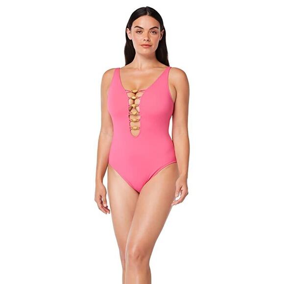 Bleu by Rod Beattie Beaded Cutout One Piece Swimsuit Rose Red Size 12 1264 - Picture 4 of 4